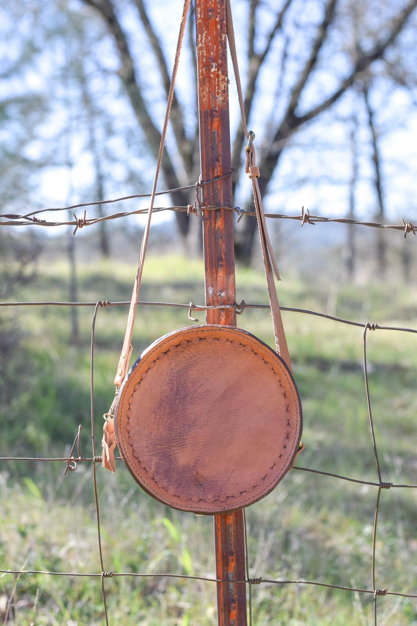 Tooled Leather Round Bag, Canteen Purse