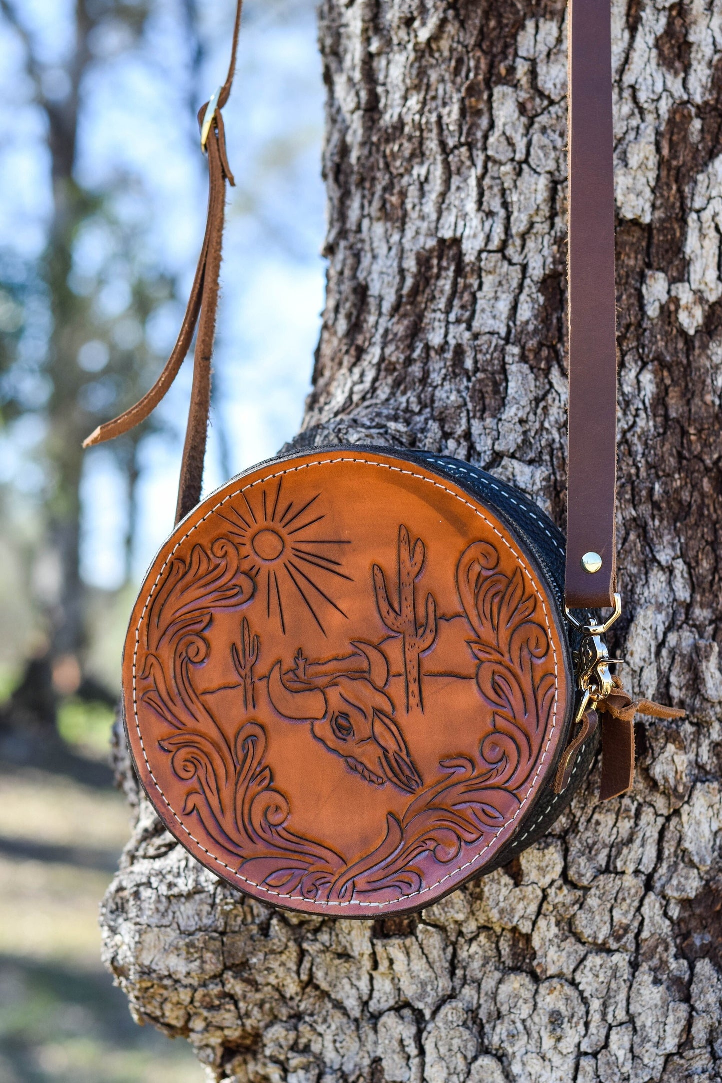 Tooled Leather Round Bag, Canteen Purse