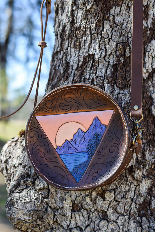 Tooled Leather Round Bag, Canteen Purse
