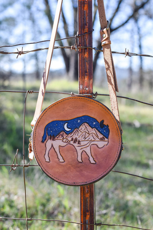 Tooled Leather Round Bag, Canteen Purse