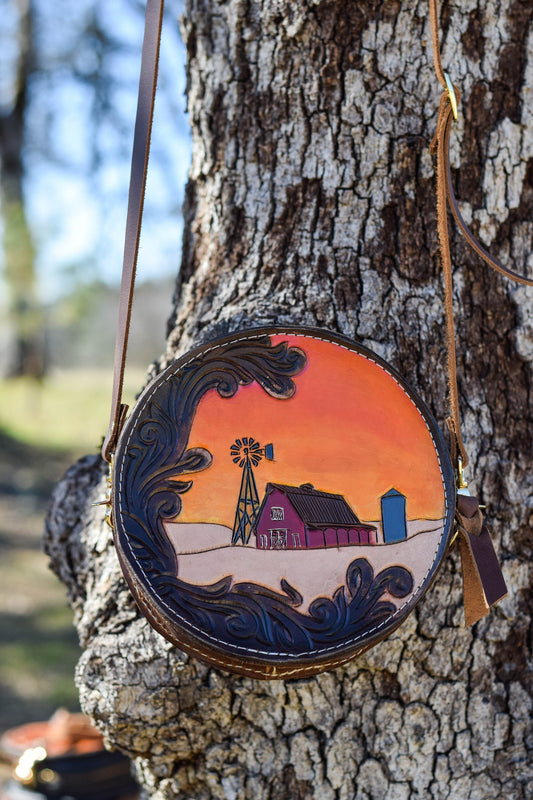 Tooled Leather Round Bag, Canteen Purse